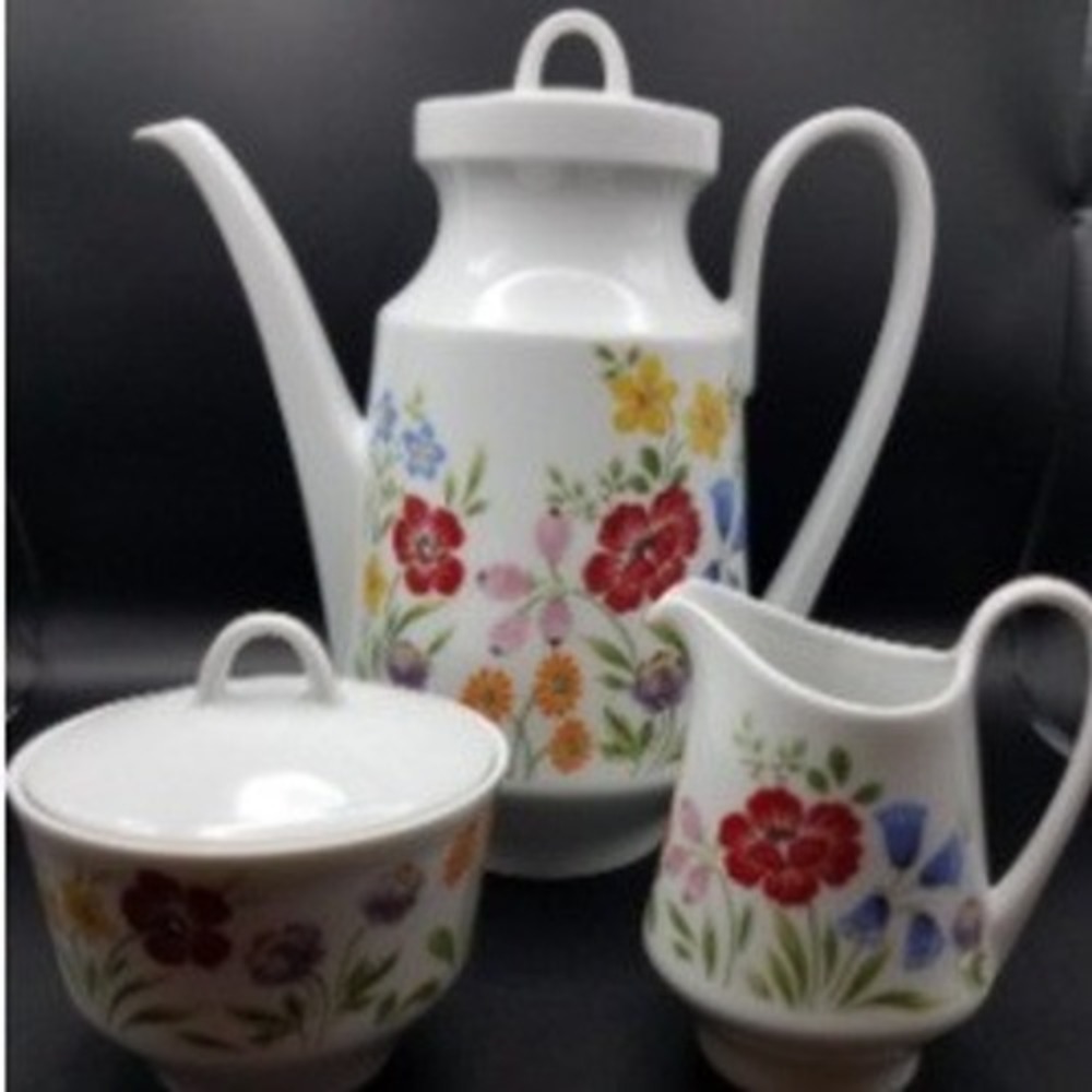 Bareuther Waldsassen Bavaria Germany Teapot Sugar Creamer Set 1970s Floral
